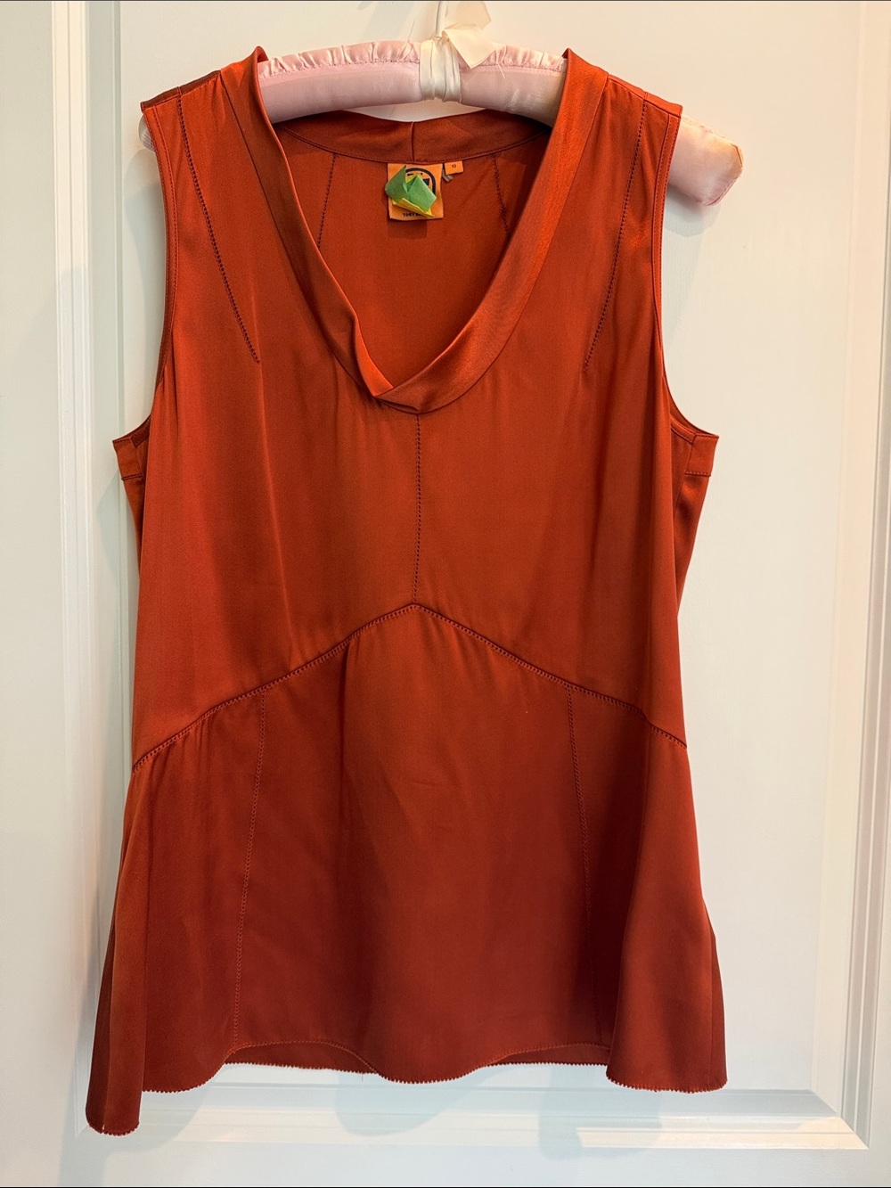 Tory Burch Sleeveless Scoop Drape Cowl Neck Blouse in Rust Burnt Orange 10 Silk